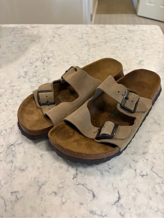 Birkenstock Shoes - Birkenstock Taupe Suede Two-Strap Sandals